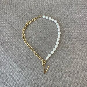 Martha Calvo Joolz Pearl & Chain “V” Necklace